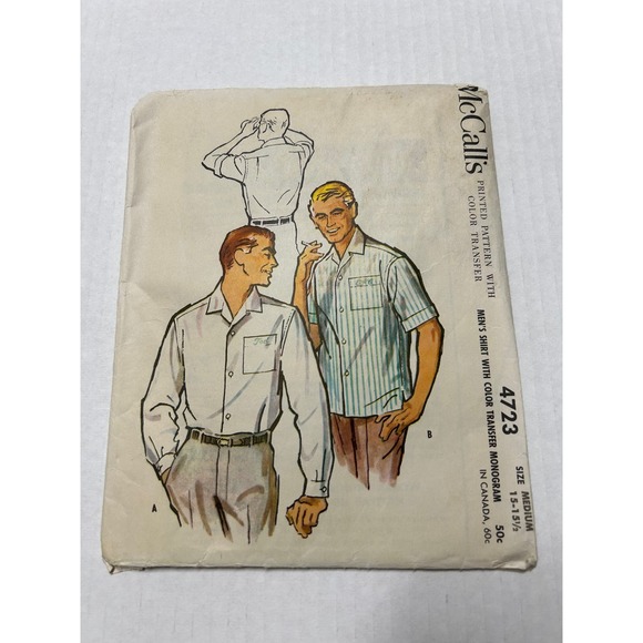 McCalls Vintage 1950's Pattern #4723 Men's Shirt with Monogram Size 15-15.5 - Picture 1 of 6